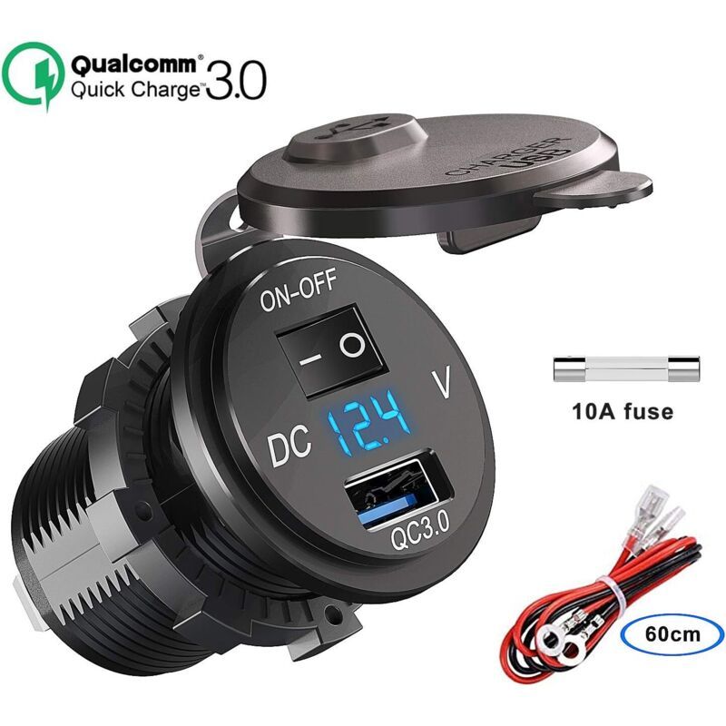 QC 3.0 Car USB Socket 12V 24V Waterproof Charger with Switch and LED Voltmeter - Image 1
