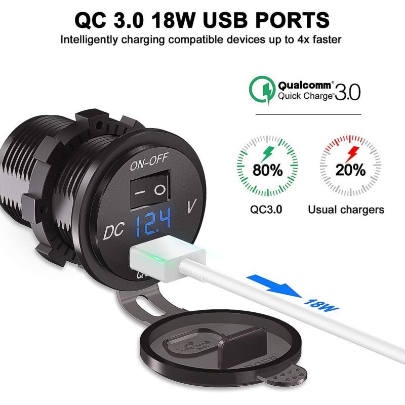 QC 3.0 Car USB Socket 12V 24V Waterproof Charger with Switch and LED Voltmeter - Image 2