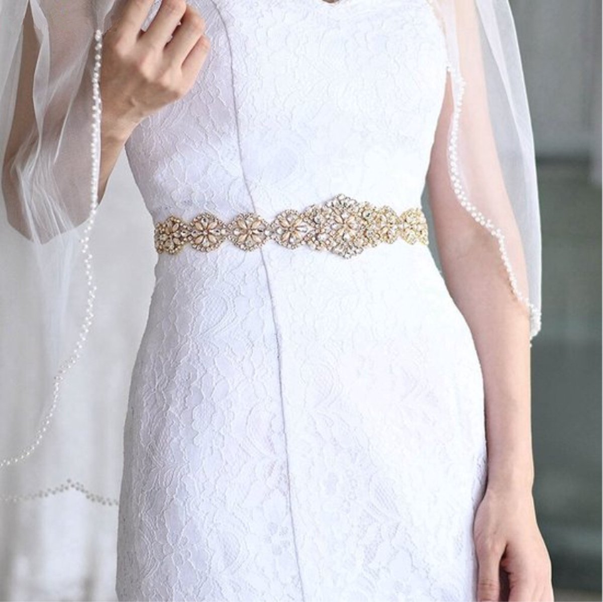 Bridal Belt | Belt | Women's Belt | Wedding Accessories | White Ribbon Organza | Glitter Belt | Gold - Image 1