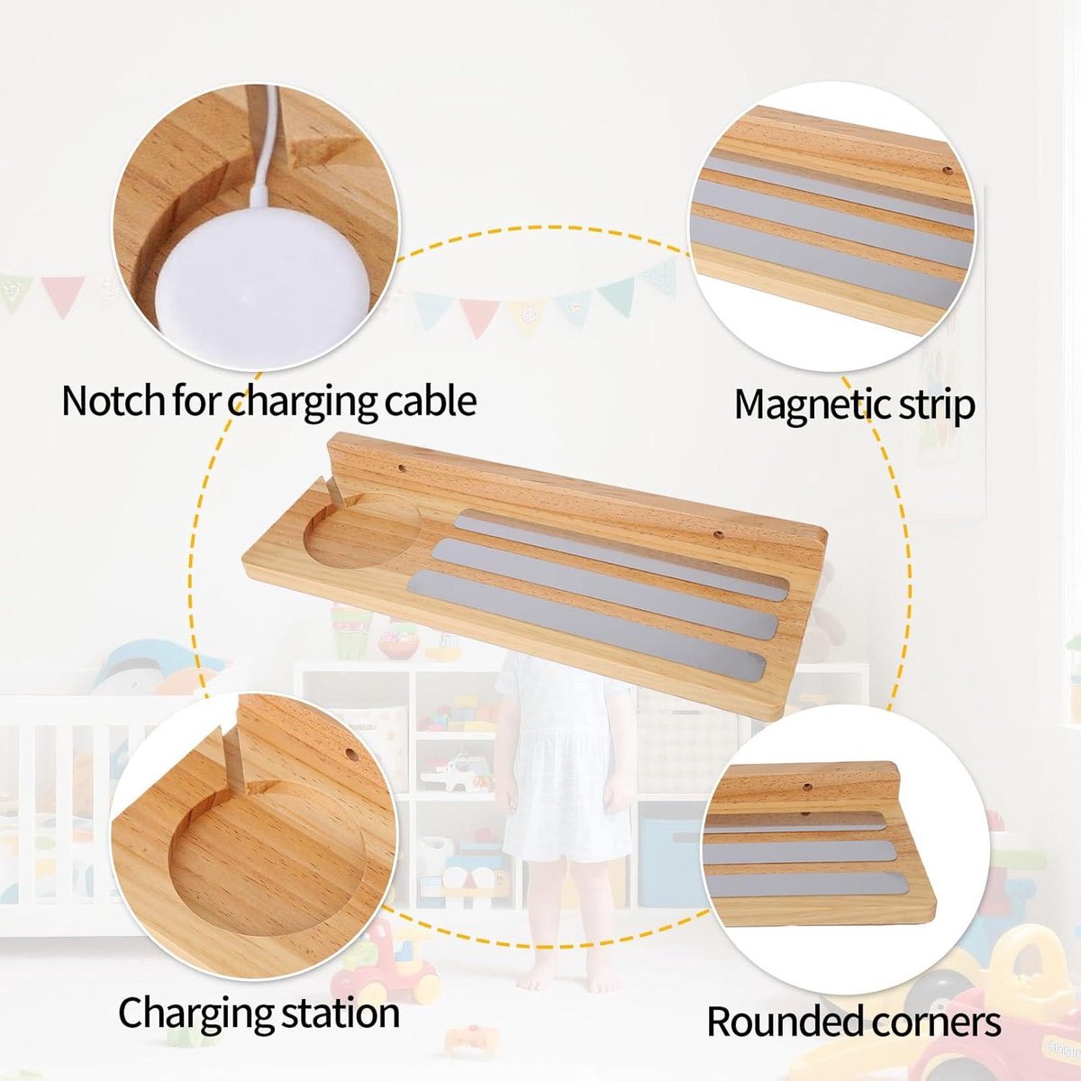 Wooden magnetic shelf for toy figures - wall mount with floating display - 1-tier organizer for children's room with charging station - storage accessories. - Image 2
