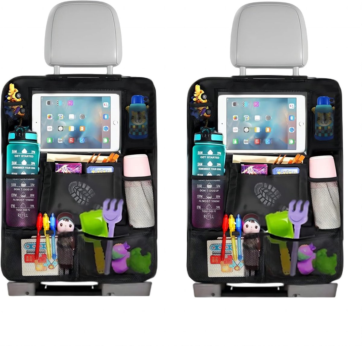 Famanu - Children's Car Organizer, 2 PCS Car Storage Accessories with 24.4 cm iPad Pocket, 10 Pockets for the Car Seat Backrest, Black - Image 1
