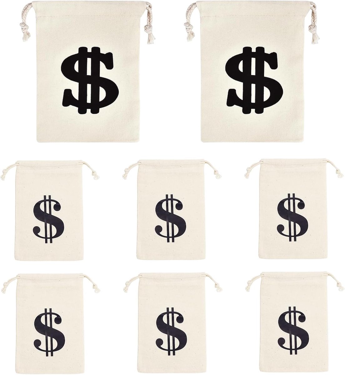 Pack of 8 Fabric Bags - Small Dollar Sign - Drawstring - Coin Pocket - Storage Accessories - Image 1
