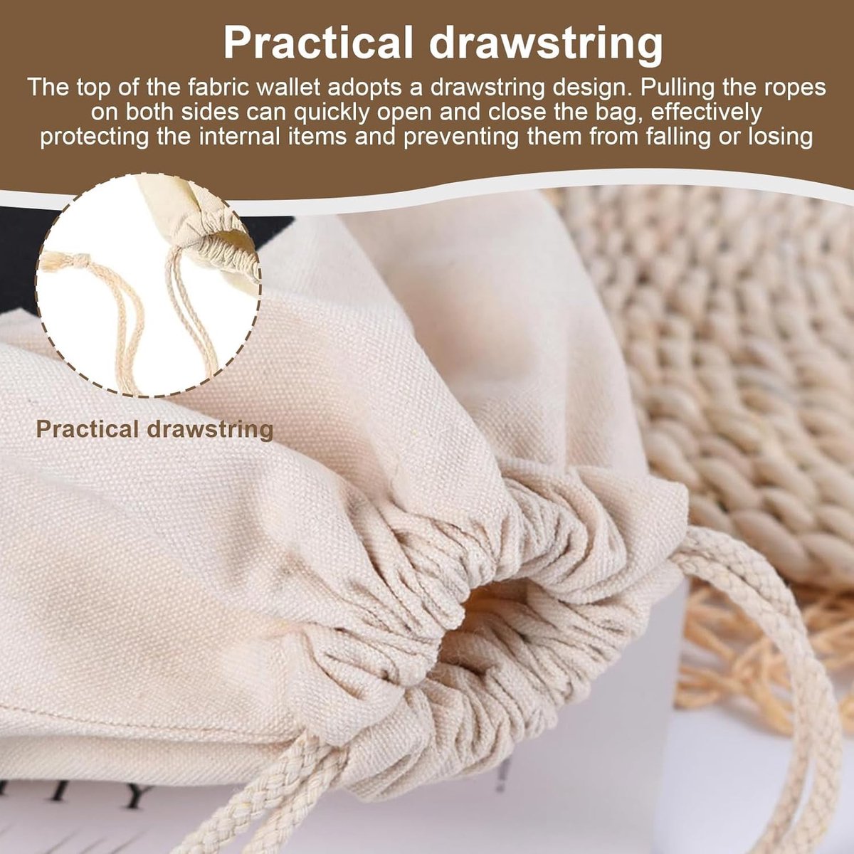 Pack of 8 Fabric Bags - Small Dollar Sign - Drawstring - Coin Pocket - Storage Accessories - Image 3