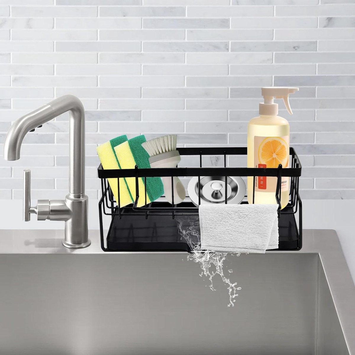 Allecta - Sponge holder and organizer for sink - Draining rack and soap dish with brush holder - Kitchen storage accessories - Grey. - Image 1