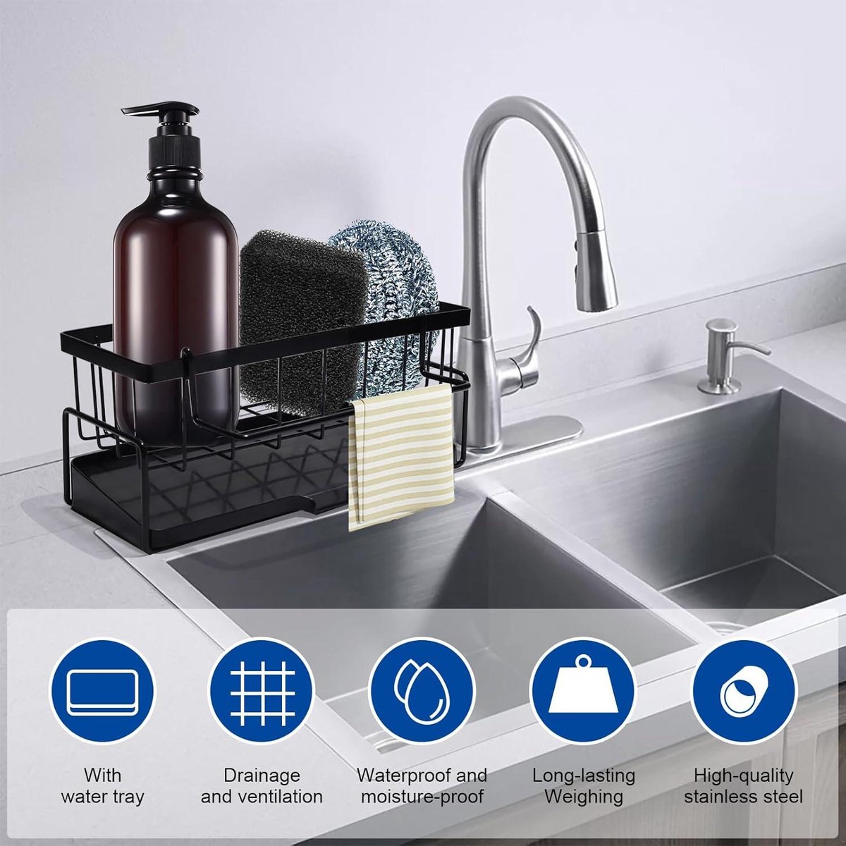 Allecta - Sponge holder and organizer for sink - Draining rack and soap dish with brush holder - Kitchen storage accessories - Grey. - Image 2