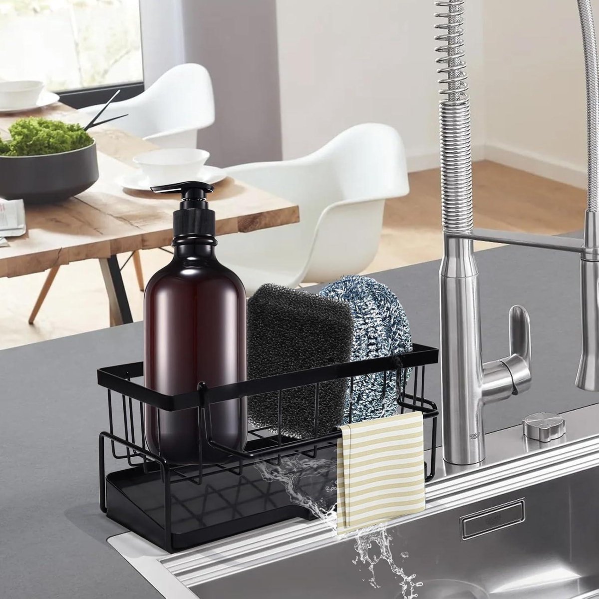 Allecta - Sponge holder and organizer for sink - Draining rack and soap dish with brush holder - Kitchen storage accessories - Grey. - Image 4