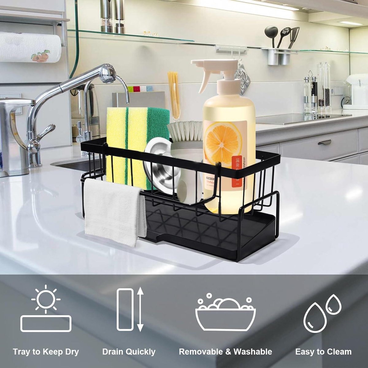 Allecta - Sponge holder and organizer for sink - Draining rack and soap dish with brush holder - Kitchen storage accessories - Grey. - Image 5