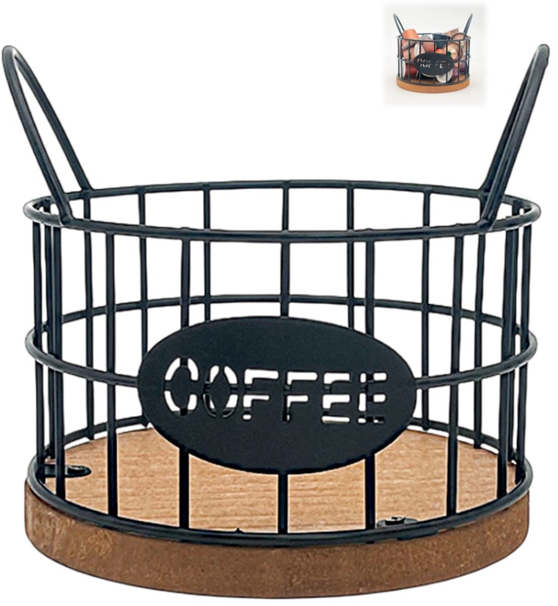 Storage basket - Storage rack - Coffee capsule storage rack - Fruit basket - Home storage accessories - Wooden base - Suitable for home, coffee bars, and offices - Black - 13*13*12 cm - Image 1