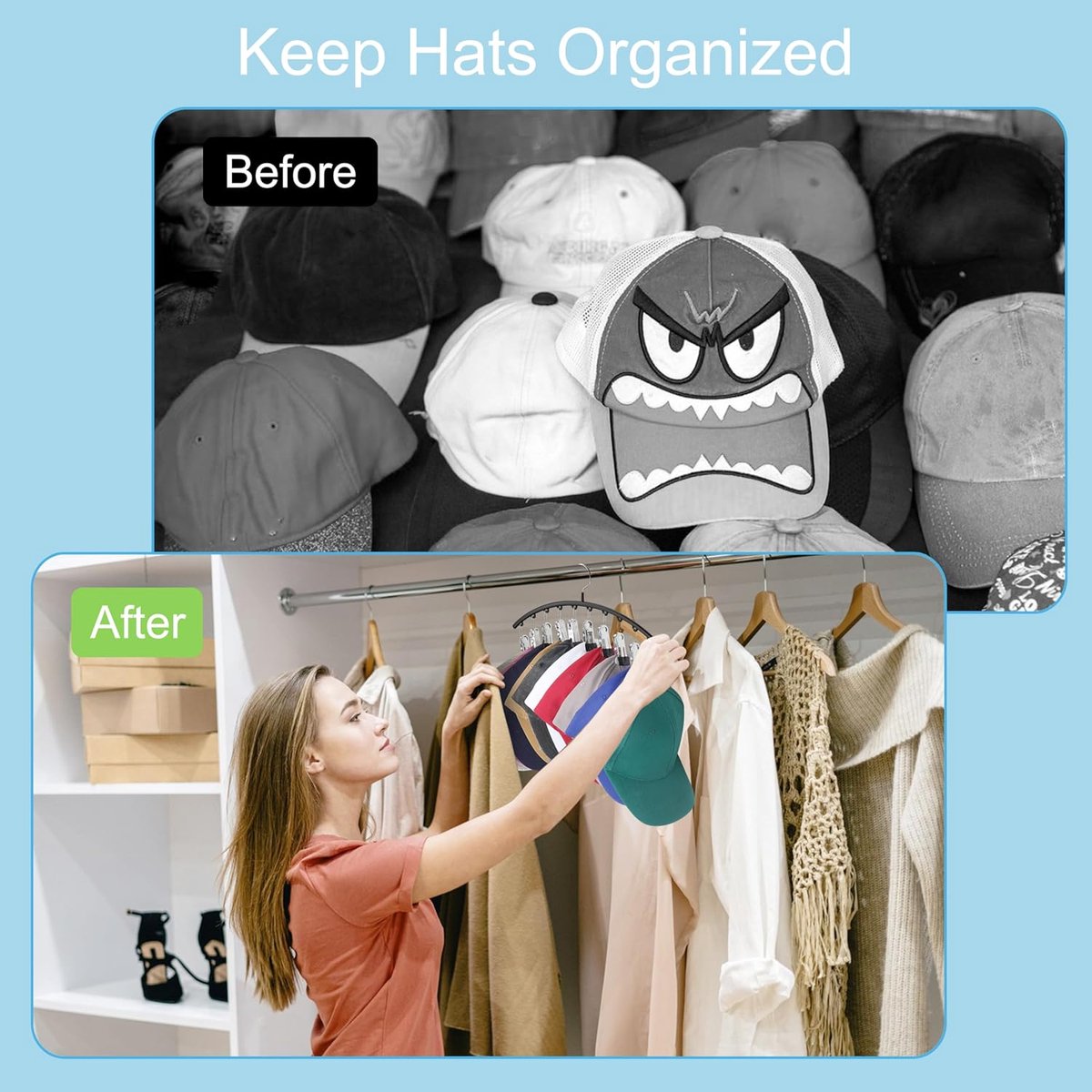 2 pieces - Hat rack - clothes rack - sock clip - hat rack for the wardrobe - storage accessories - suitable for drying clothes, socks and hats - black - 37*23 cm - Image 4