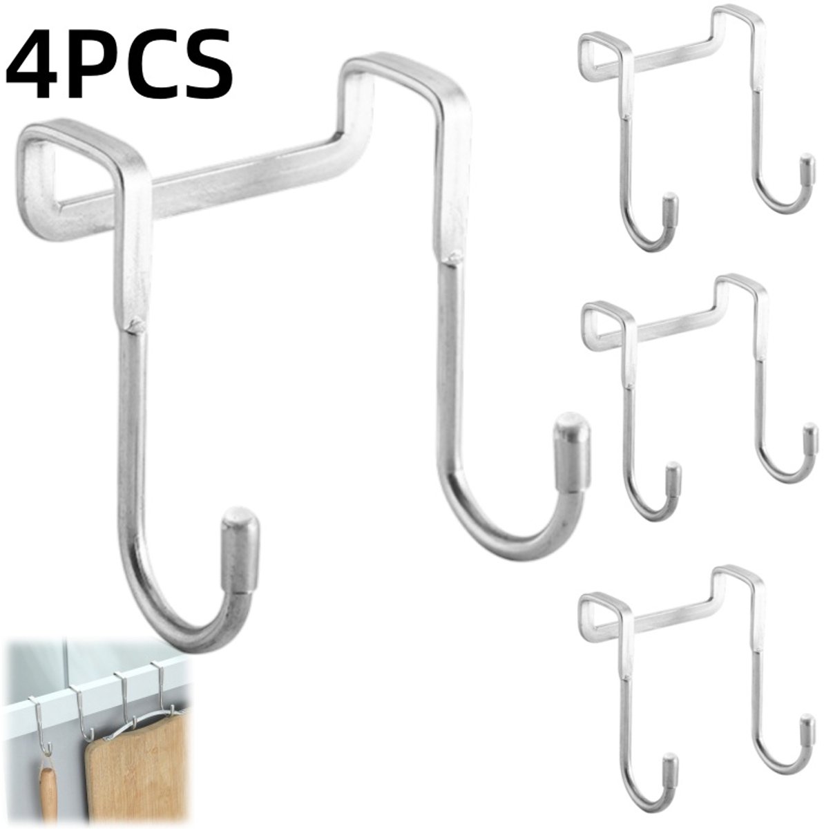 4 pieces - Hooks - Cabinet door hooks - S-shaped hooks - Storage hooks - Storage accessories - Suitable for kitchens, bathrooms, cabinets, nightstands - Silver - 6.5*2.5*7.5 cm - Image 1