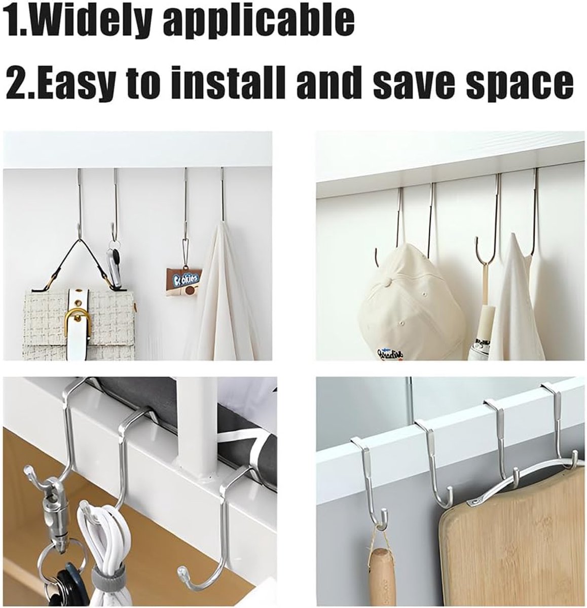 4 pieces - Hooks - Cabinet door hooks - S-shaped hooks - Storage hooks - Storage accessories - Suitable for kitchens, bathrooms, cabinets, nightstands - Silver - 6.5*2.5*7.5 cm - Image 6