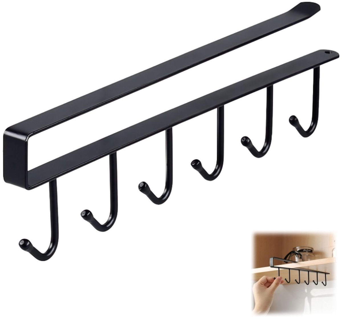 Storage rack - hooks - multifunctional hooks - nail-free hooks - storage accessories - suitable for cabinets, wardrobes and kitchen storage - black - 26.5*7.5 cm - shelf thickness less than 2.7 cm - Image 1