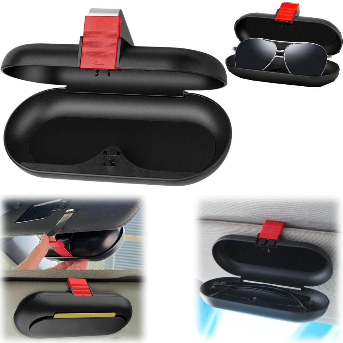 Glasses case - car glasses frame - sun visor sunglasses holder - car glasses case - multifunctional storage box - car storage accessories - hanging glasses case - with mounting clip - storage of glasses, sunglasses, cards (17*7.6cm - black) - Image 1