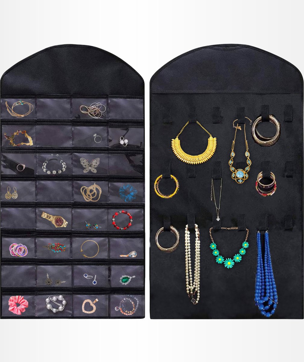 Aerend - Jewelry organizer - Double-sided hanging and transparent jewelry stand - Storage accessories - Over-the-door storage bag in black - For necklaces, earrings, sunglasses, rings, makeup - Image 1