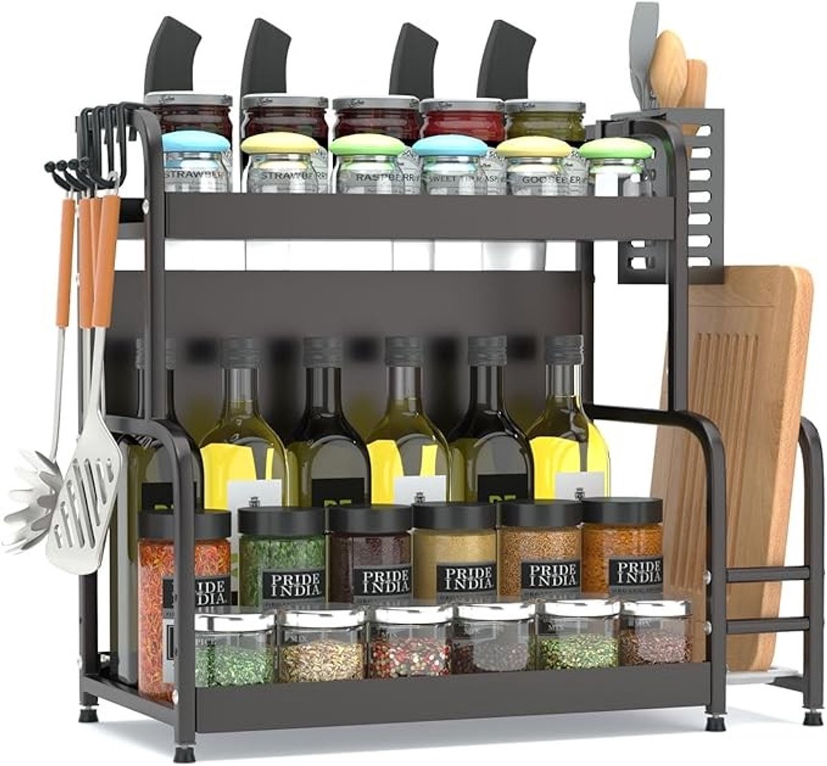 Extendable spice rack with storage accessories - 2 tiers - Image 1