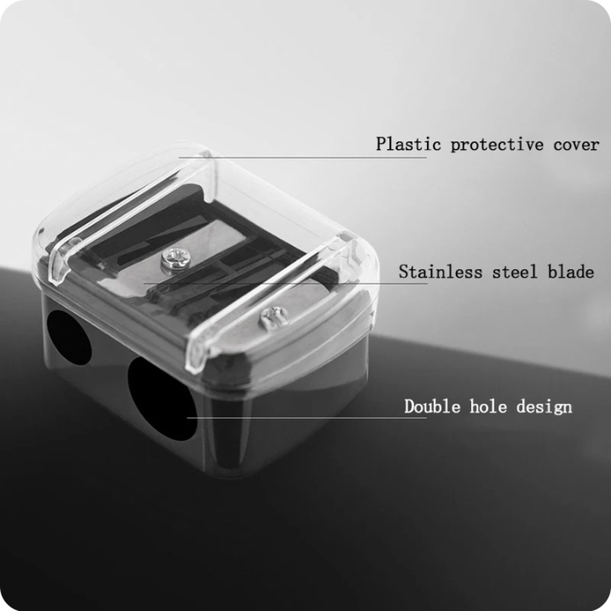 Black 2-hole pencil sharpener - Makeup sharpener with collection tray - plastic - Image 3