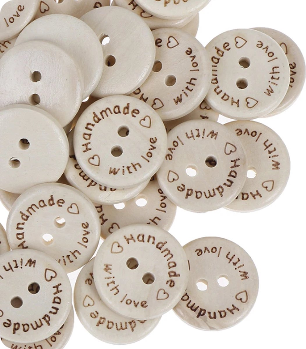 Wooden buttons - Handmade with Love - 10 pieces of 25 MM - Image 1