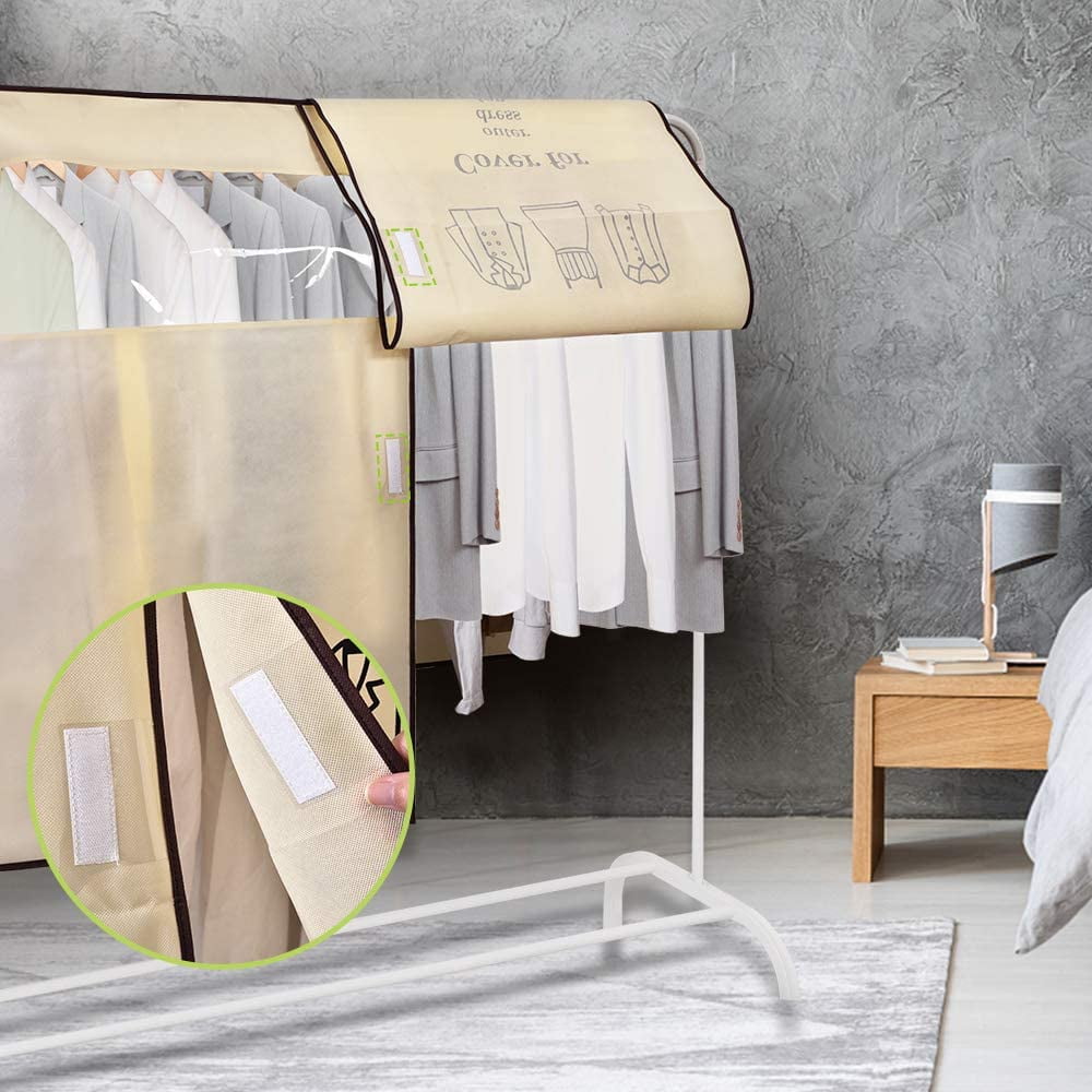 Dustproof Clothes Rack Cover Expandable Hanging Closet Cover Shoulder Dust Cover Clothes Protector for Coats Suits Dresses Beige - Image 3