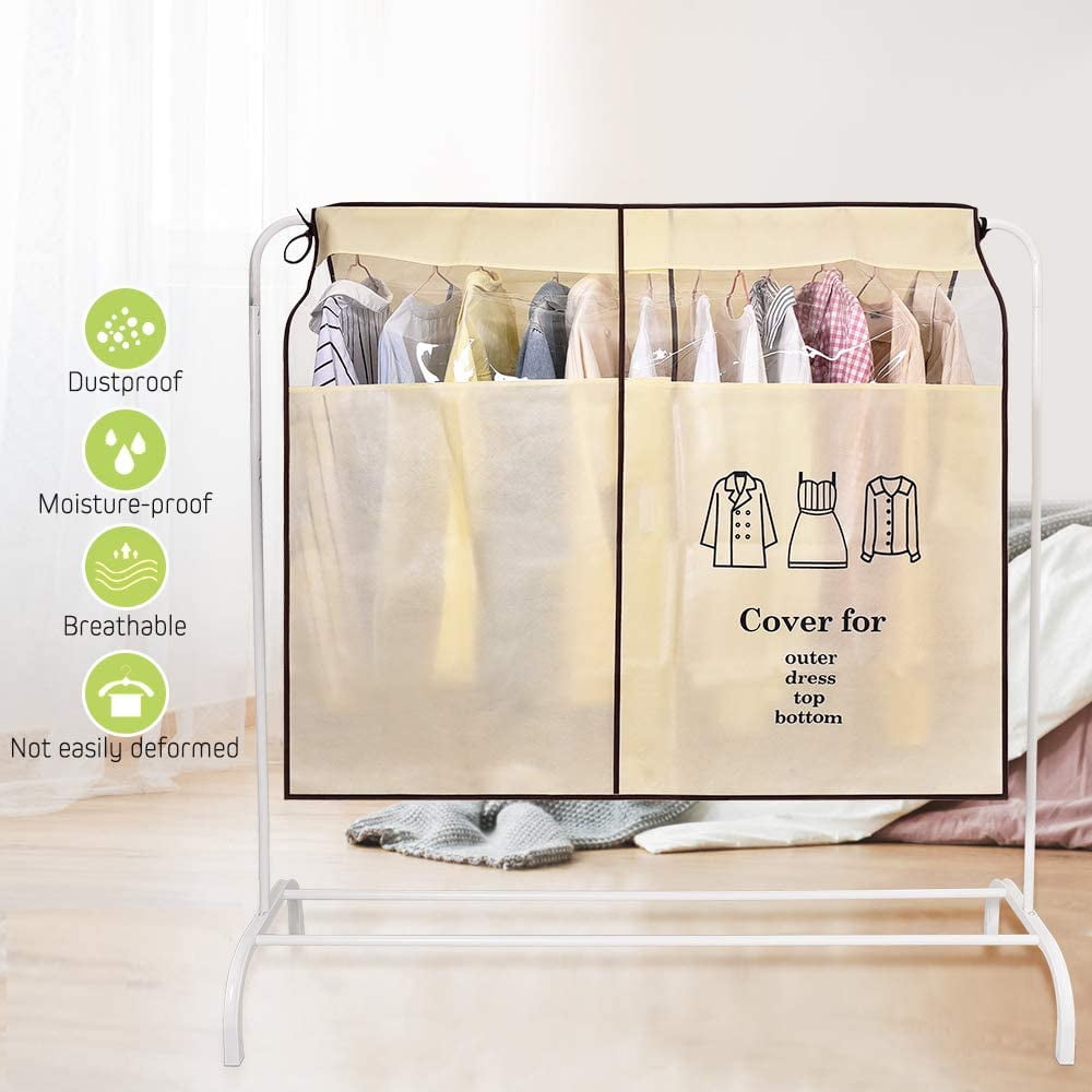 Dustproof Clothes Rack Cover Expandable Hanging Closet Cover Shoulder Dust Cover Clothes Protector for Coats Suits Dresses Beige - Image 6