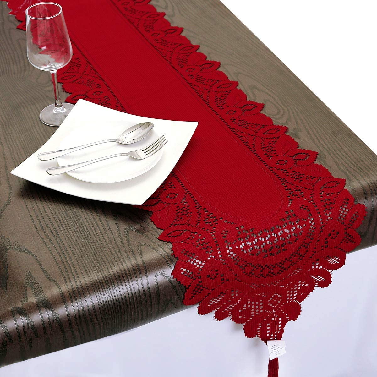 Lace Table Runner Dresser Scarf Embroidered Table Runners with Exquisite Flower Vintage Shabby Chic for Wedding Holiday Dinning Red - Image 1