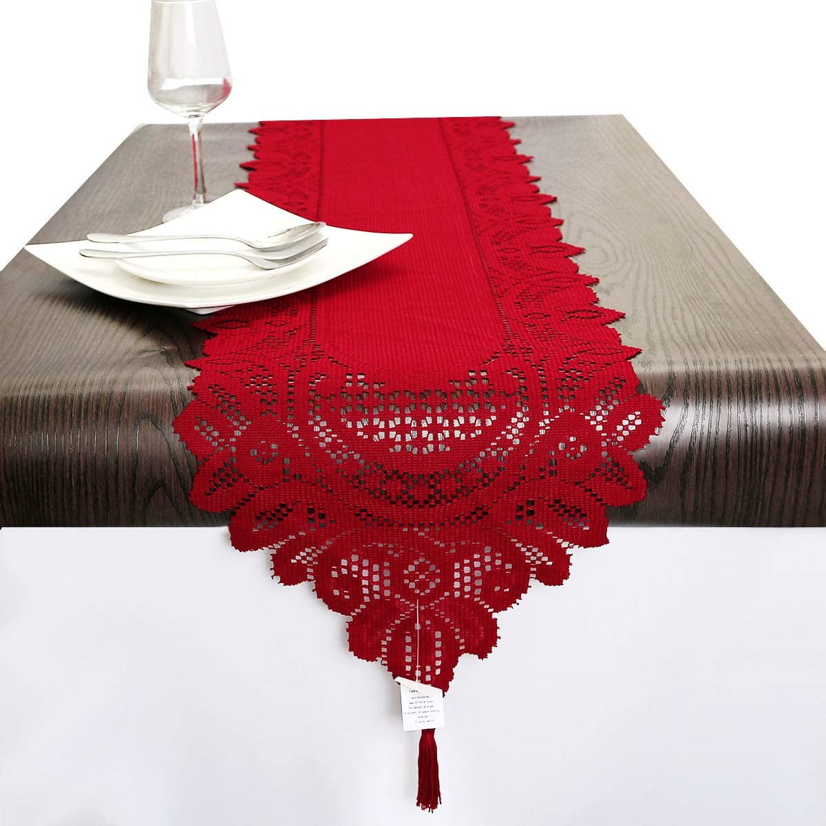 Lace Table Runner Dresser Scarf Embroidered Table Runners with Exquisite Flower Vintage Shabby Chic for Wedding Holiday Dinning Red - Image 2