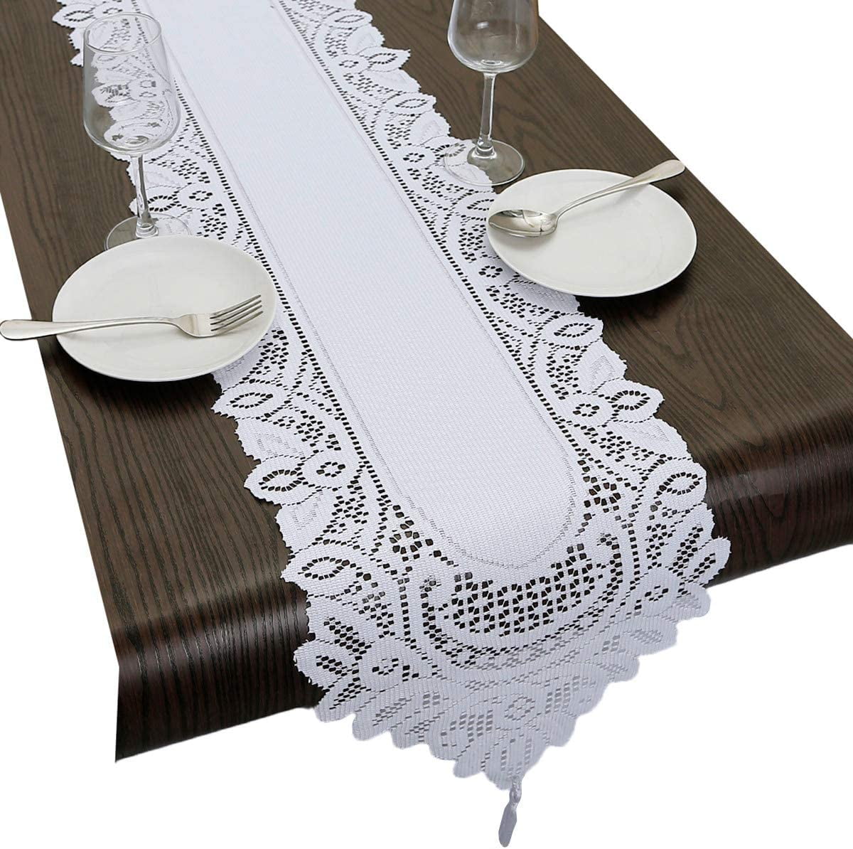 Lace Table Runner Dresser Scarf Embroidered Table Runners with Exquisite Flower Vintage Shabby Chic for Wedding Holiday Dinning White - Image 1