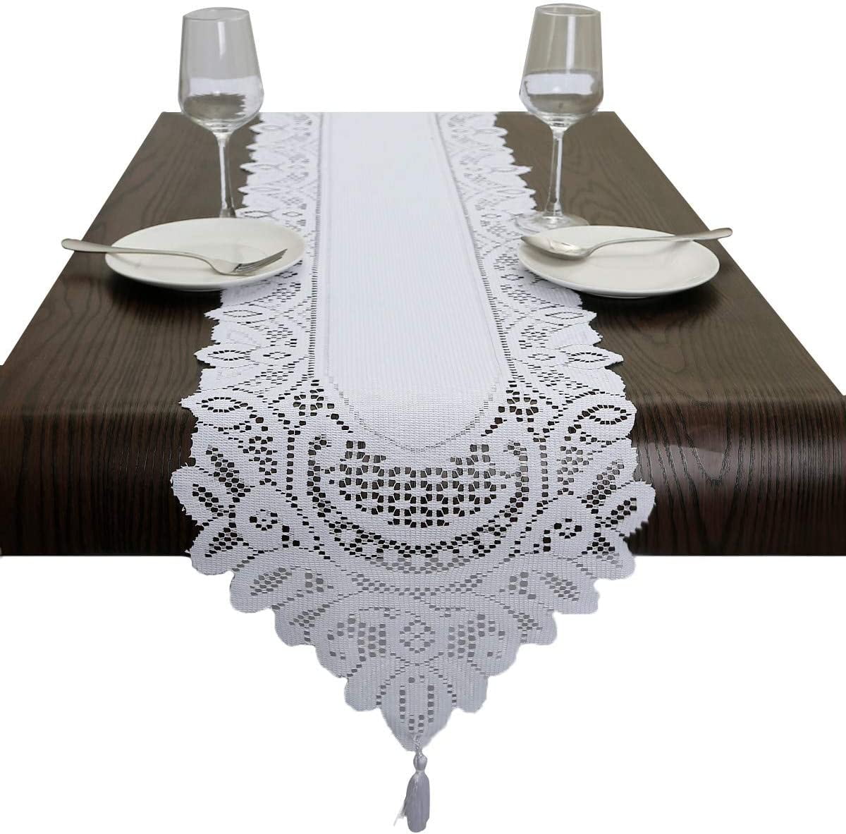 Lace Table Runner Dresser Scarf Embroidered Table Runners with Exquisite Flower Vintage Shabby Chic for Wedding Holiday Dinning White - Image 2