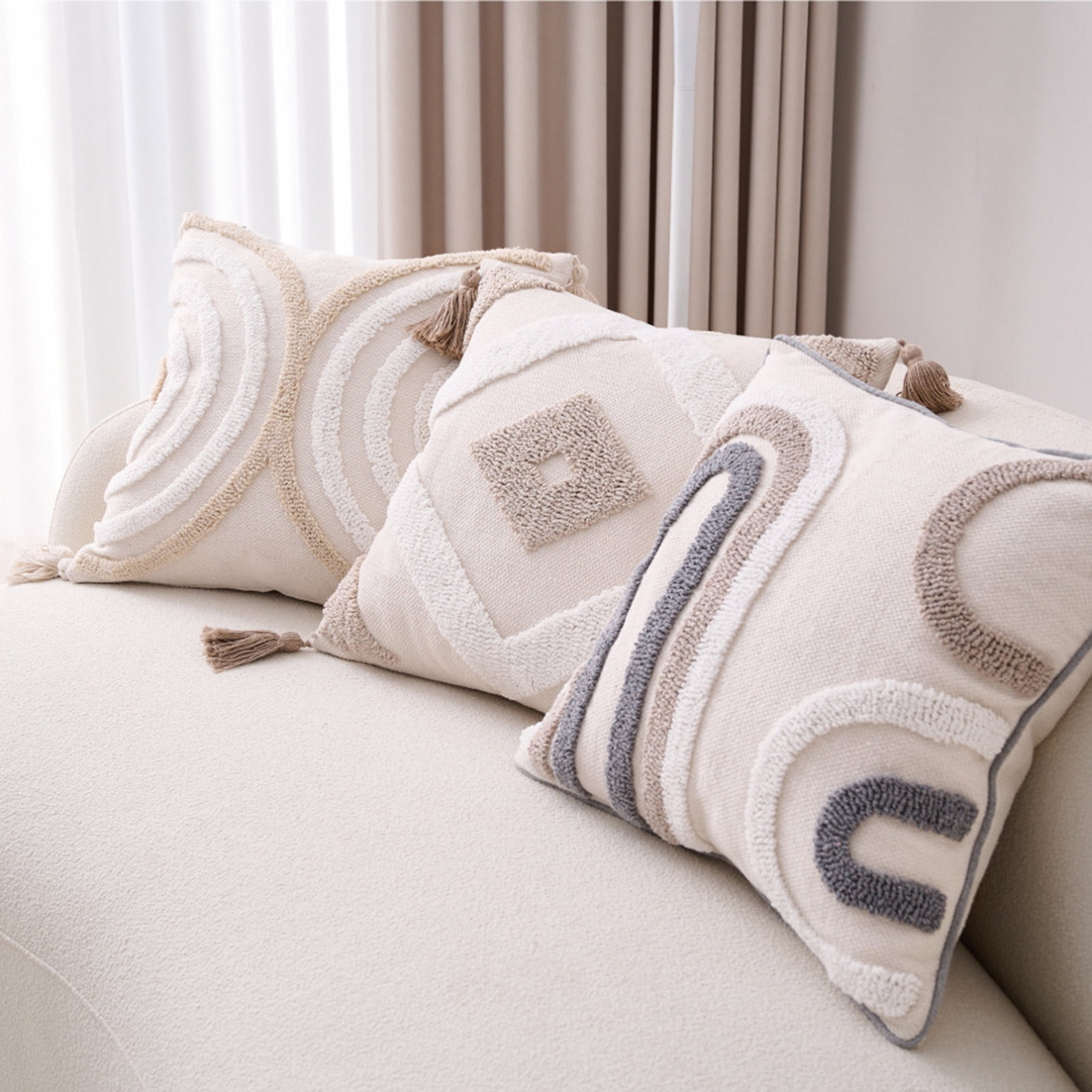 Walbest Boho Throw Pillow with Braided Rope Pattern And Tassels Soft Cotton Linen Textured Cushion for Sofa Bed Office 45x45cm F - Image 1