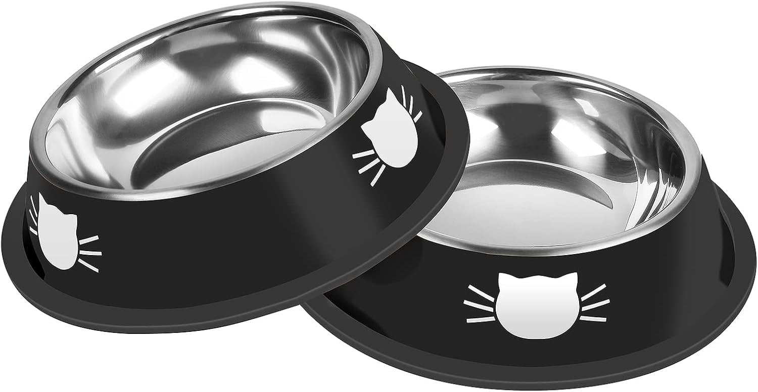 2/3Pcs Cat Bowls Non-Slip Stainless Steel Small Cat Food Bowls Unbreakable Thicken Cat Feeder 7 Oz Cat Dishes Suitable for Indoor Small Pets Removable Rubber Base Easily Clean Lovely Color Black - Image 1