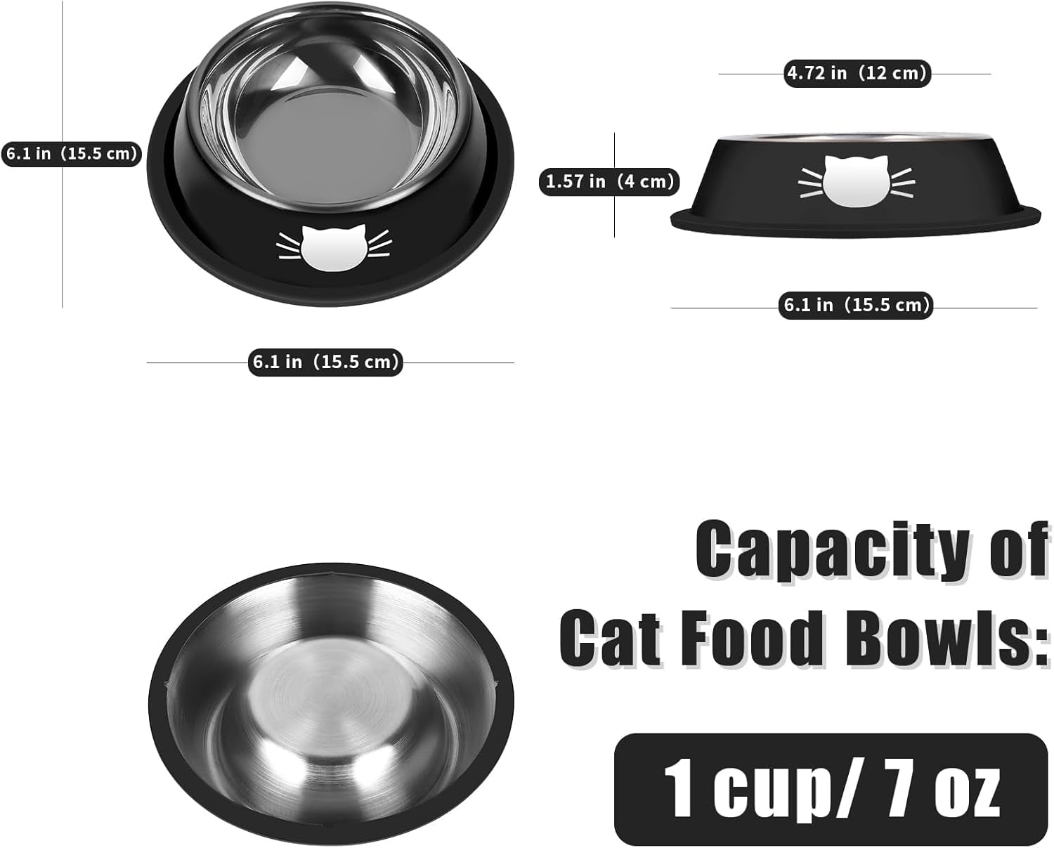 2/3Pcs Cat Bowls Non-Slip Stainless Steel Small Cat Food Bowls Unbreakable Thicken Cat Feeder 7 Oz Cat Dishes Suitable for Indoor Small Pets Removable Rubber Base Easily Clean Lovely Color Black - Image 2