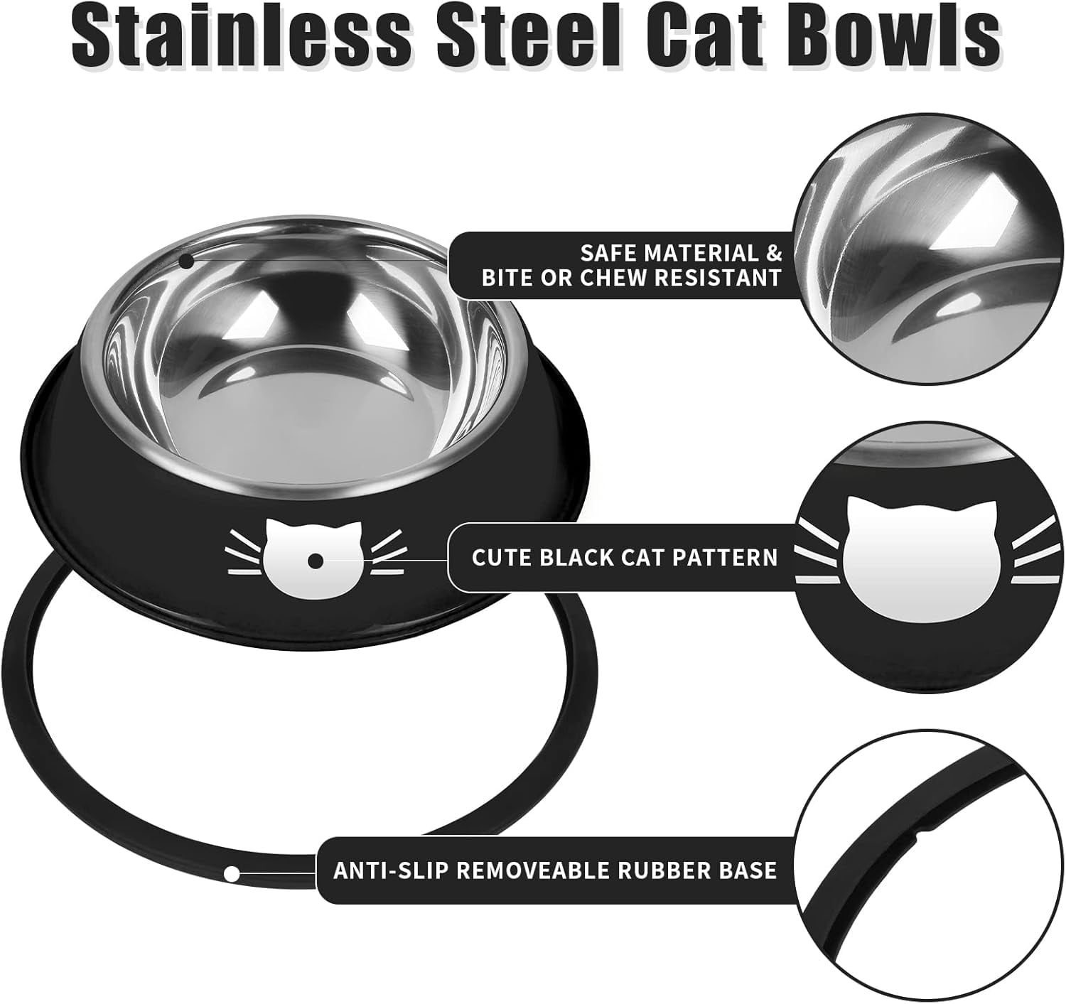 2/3Pcs Cat Bowls Non-Slip Stainless Steel Small Cat Food Bowls Unbreakable Thicken Cat Feeder 7 Oz Cat Dishes Suitable for Indoor Small Pets Removable Rubber Base Easily Clean Lovely Color Black - Image 3