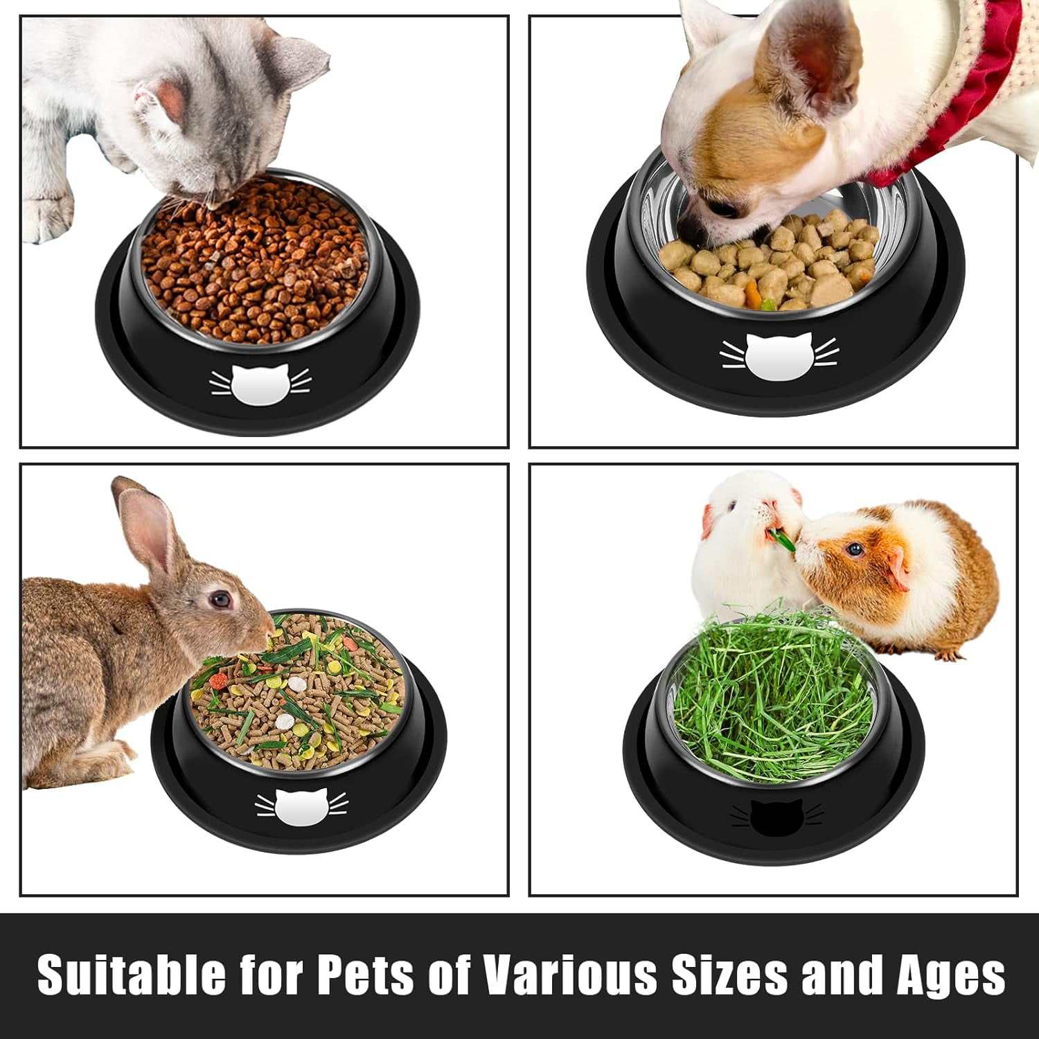 2/3Pcs Cat Bowls Non-Slip Stainless Steel Small Cat Food Bowls Unbreakable Thicken Cat Feeder 7 Oz Cat Dishes Suitable for Indoor Small Pets Removable Rubber Base Easily Clean Lovely Color Black - Image 5