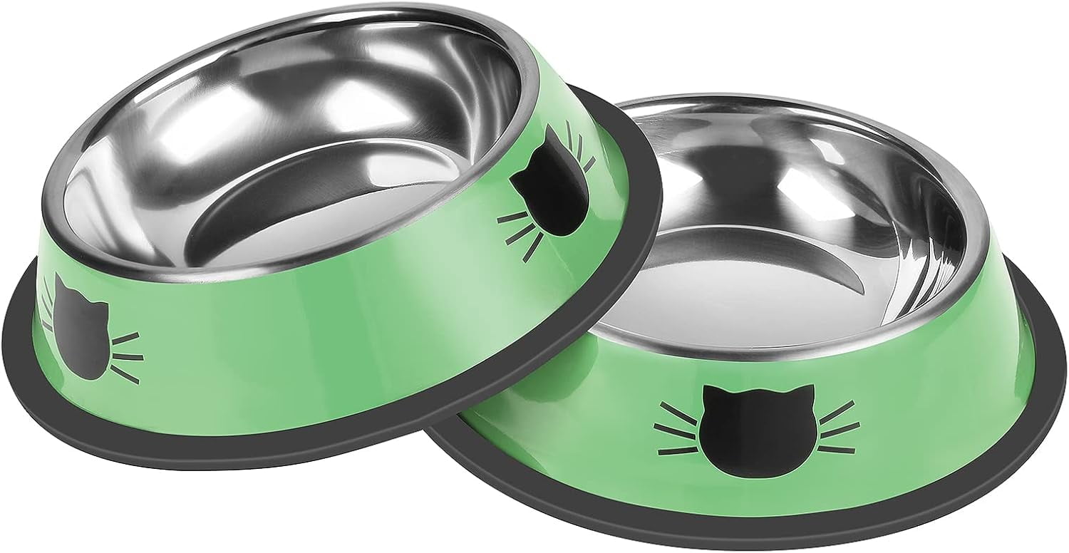 2/3Pcs Cat Bowls Non-Slip Stainless Steel Small Cat Food Bowls Unbreakable Thicken Cat Feeder 7 Oz Cat Dishes Suitable for Indoor Small Pets Removable Rubber Base Easily Clean Lovely Color Green - Image 1