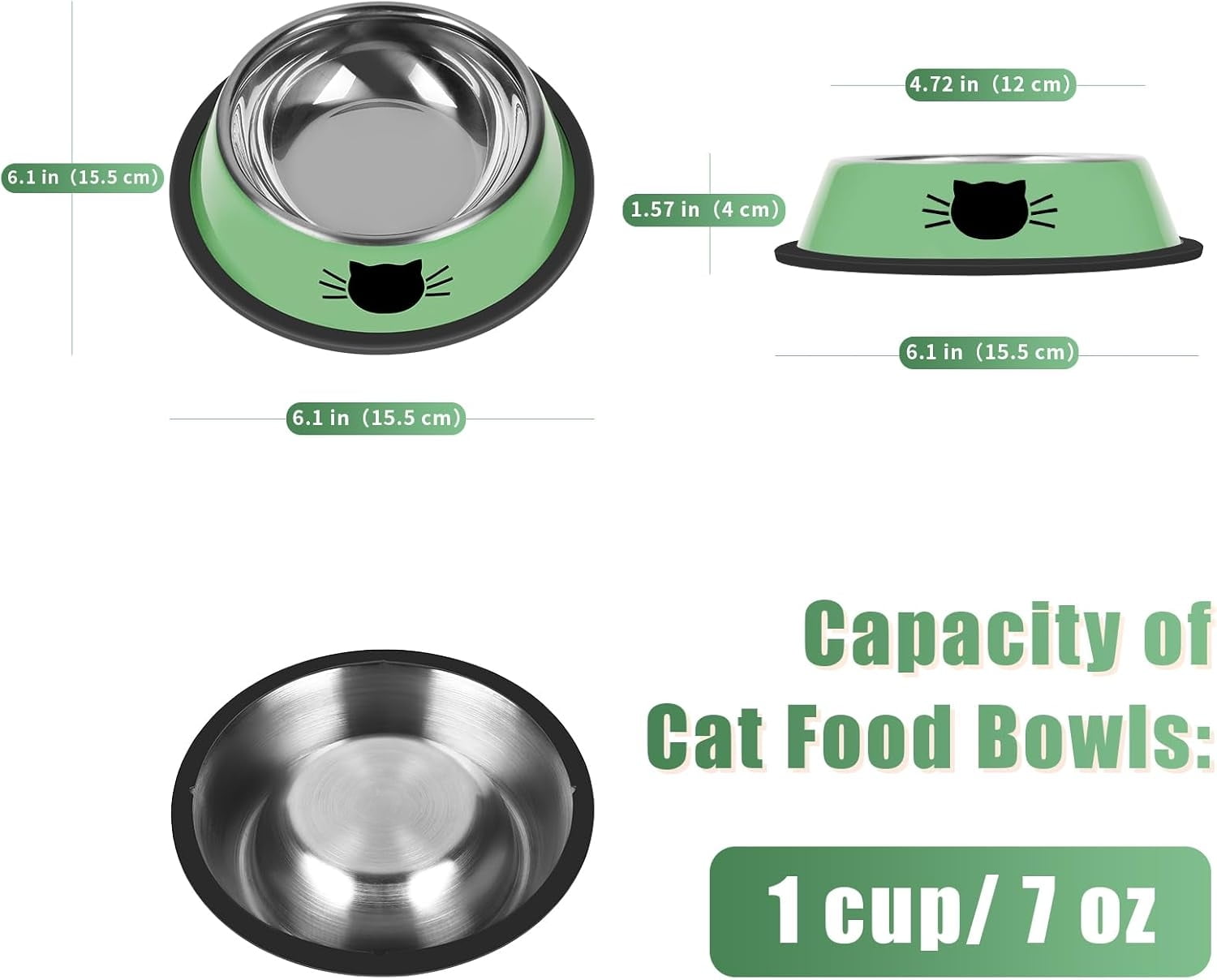 2/3Pcs Cat Bowls Non-Slip Stainless Steel Small Cat Food Bowls Unbreakable Thicken Cat Feeder 7 Oz Cat Dishes Suitable for Indoor Small Pets Removable Rubber Base Easily Clean Lovely Color Green - Image 2