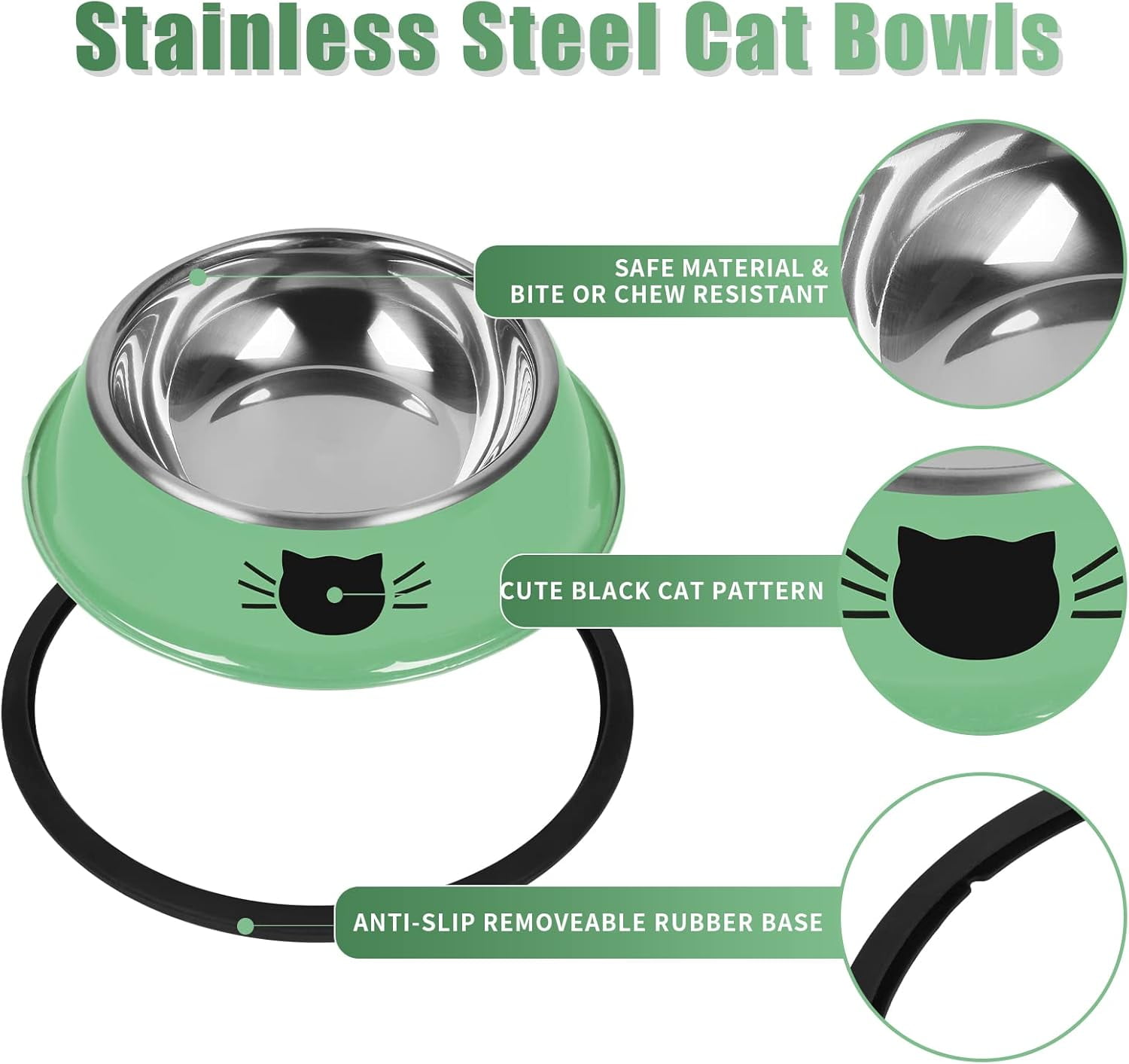 2/3Pcs Cat Bowls Non-Slip Stainless Steel Small Cat Food Bowls Unbreakable Thicken Cat Feeder 7 Oz Cat Dishes Suitable for Indoor Small Pets Removable Rubber Base Easily Clean Lovely Color Green - Image 3