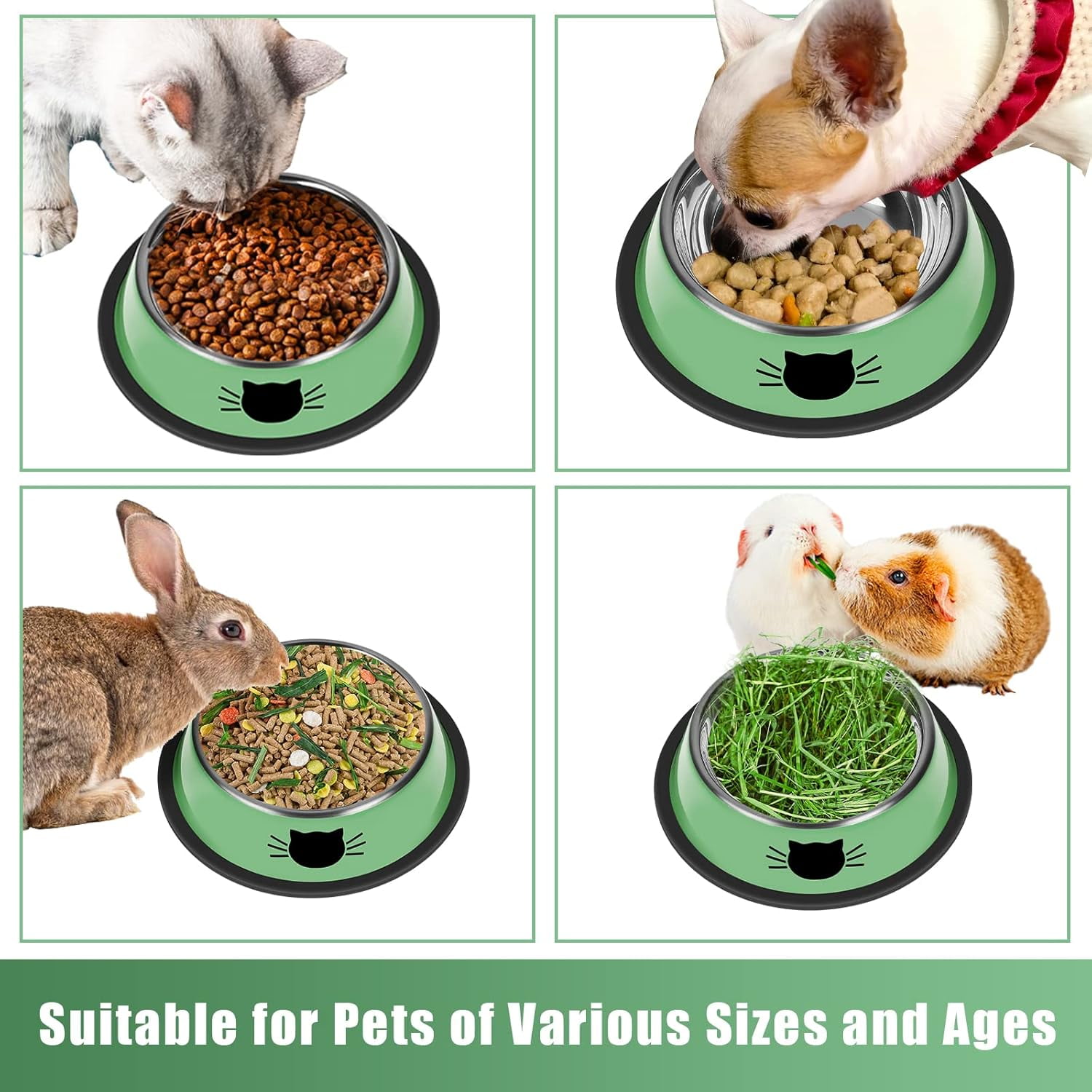 2/3Pcs Cat Bowls Non-Slip Stainless Steel Small Cat Food Bowls Unbreakable Thicken Cat Feeder 7 Oz Cat Dishes Suitable for Indoor Small Pets Removable Rubber Base Easily Clean Lovely Color Green - Image 5