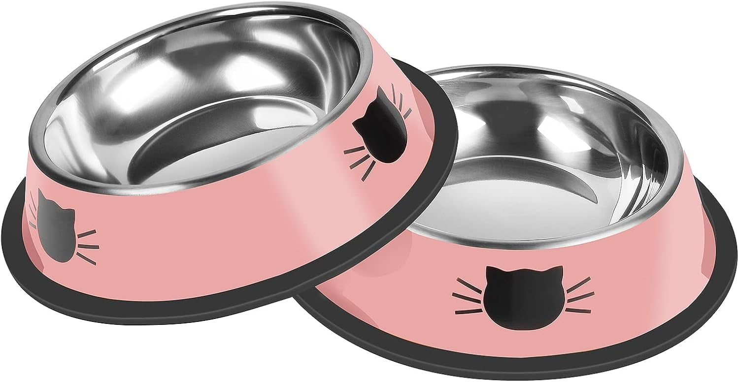 2/3Pcs Cat Bowls Non-Slip Stainless Steel Small Cat Food Bowls Unbreakable Thicken Cat Feeder 7 Oz Cat Dishes Suitable for Indoor Small Pets Removable Rubber Base Easily Clean Lovely Color Pink - Image 1