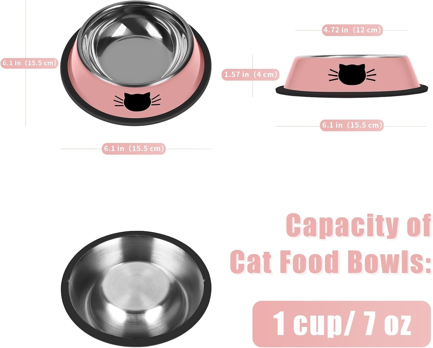 2/3Pcs Cat Bowls Non-Slip Stainless Steel Small Cat Food Bowls Unbreakable Thicken Cat Feeder 7 Oz Cat Dishes Suitable for Indoor Small Pets Removable Rubber Base Easily Clean Lovely Color Pink - Image 2