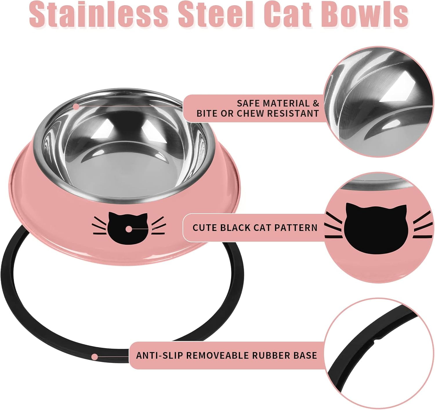 2/3Pcs Cat Bowls Non-Slip Stainless Steel Small Cat Food Bowls Unbreakable Thicken Cat Feeder 7 Oz Cat Dishes Suitable for Indoor Small Pets Removable Rubber Base Easily Clean Lovely Color Pink - Image 3