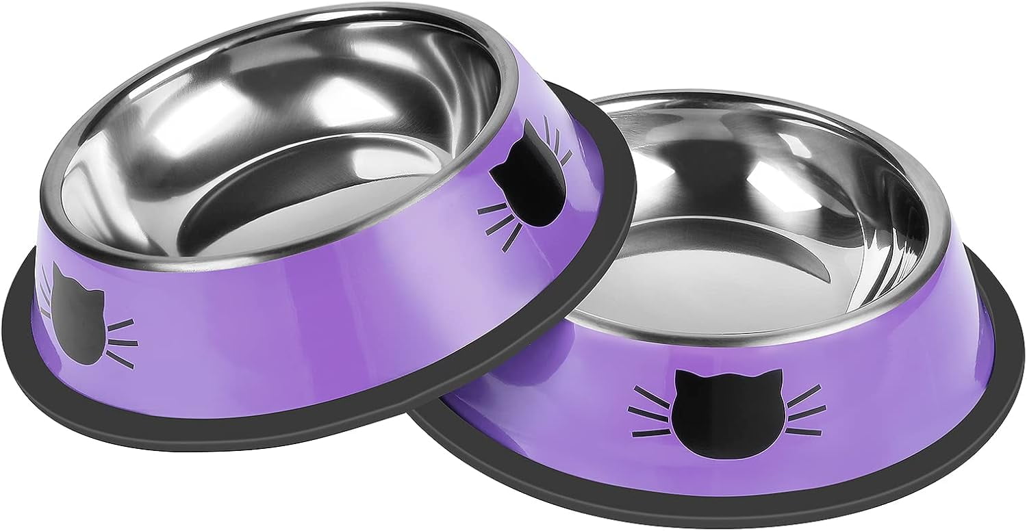 2/3Pcs Cat Bowls Non-Slip Stainless Steel Small Cat Food Bowls Unbreakable Thicken Cat Feeder 7 Oz Cat Dishes Suitable for Indoor Small Pets Removable Rubber Base Easily Clean Lovely Color Purple - Image 1