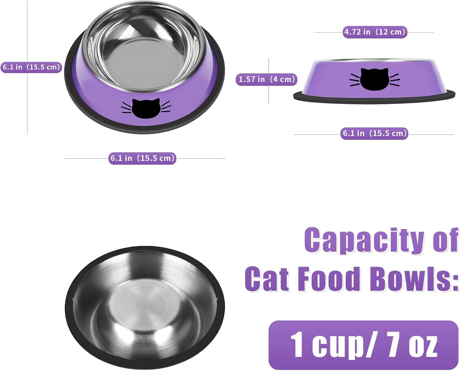 2/3Pcs Cat Bowls Non-Slip Stainless Steel Small Cat Food Bowls Unbreakable Thicken Cat Feeder 7 Oz Cat Dishes Suitable for Indoor Small Pets Removable Rubber Base Easily Clean Lovely Color Purple - Image 2