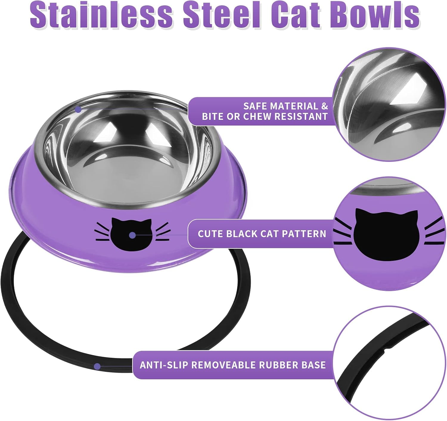 2/3Pcs Cat Bowls Non-Slip Stainless Steel Small Cat Food Bowls Unbreakable Thicken Cat Feeder 7 Oz Cat Dishes Suitable for Indoor Small Pets Removable Rubber Base Easily Clean Lovely Color Purple - Image 3