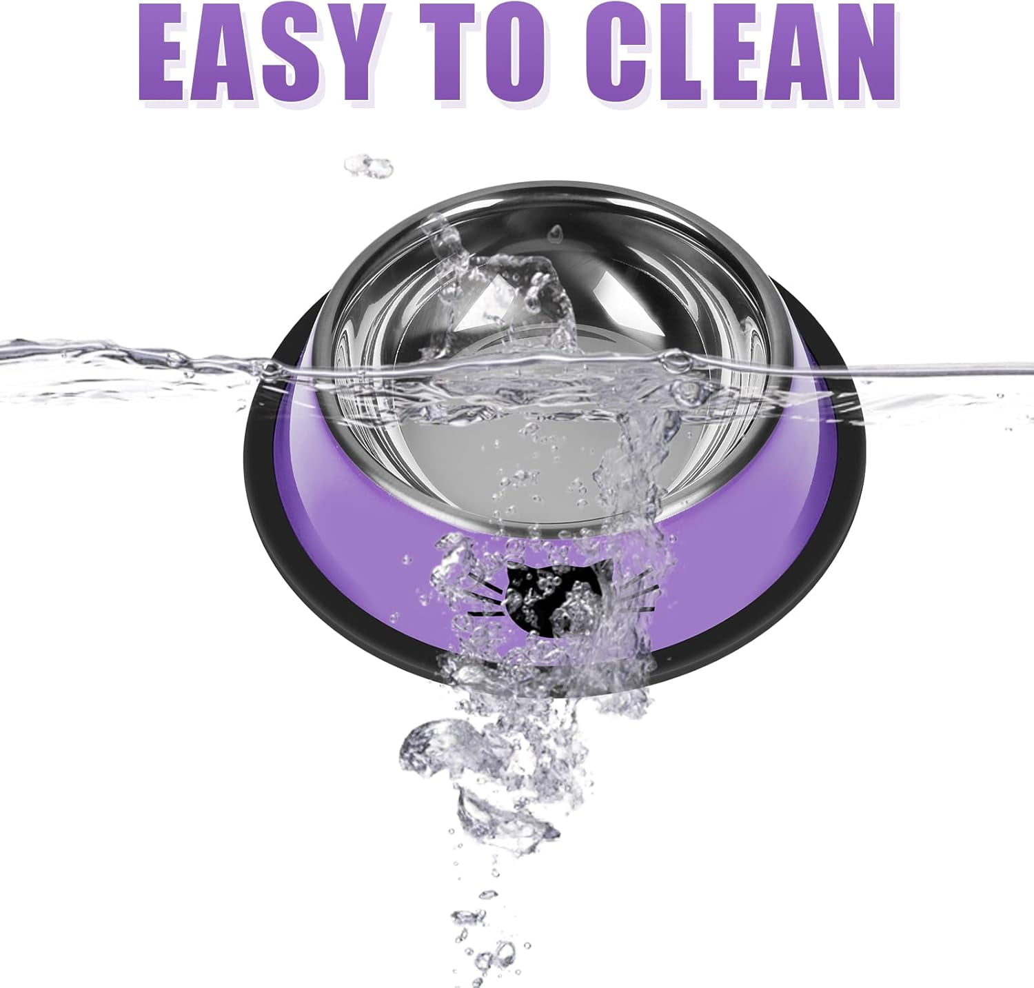 2/3Pcs Cat Bowls Non-Slip Stainless Steel Small Cat Food Bowls Unbreakable Thicken Cat Feeder 7 Oz Cat Dishes Suitable for Indoor Small Pets Removable Rubber Base Easily Clean Lovely Color Purple - Image 4