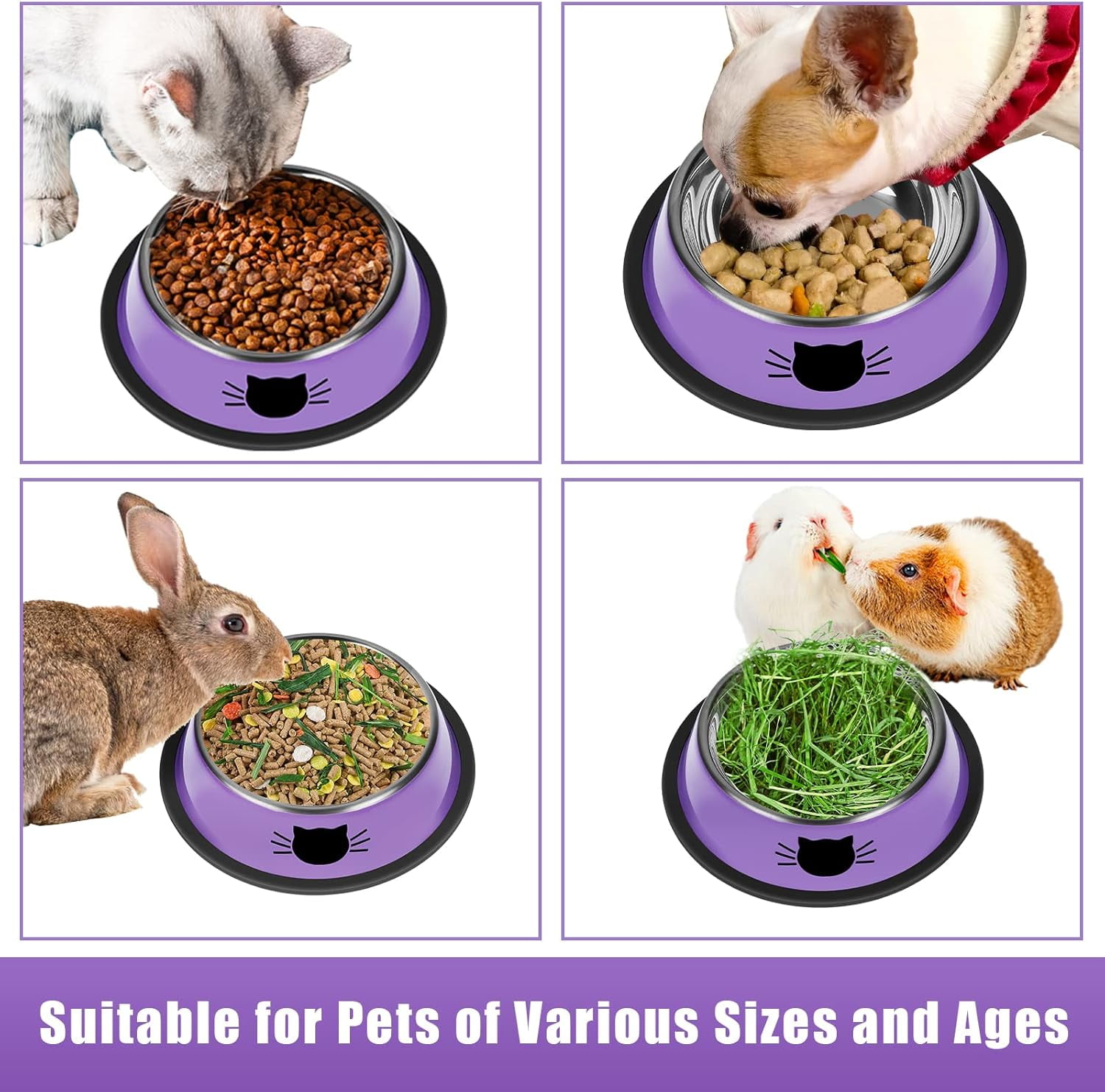 2/3Pcs Cat Bowls Non-Slip Stainless Steel Small Cat Food Bowls Unbreakable Thicken Cat Feeder 7 Oz Cat Dishes Suitable for Indoor Small Pets Removable Rubber Base Easily Clean Lovely Color Purple - Image 5