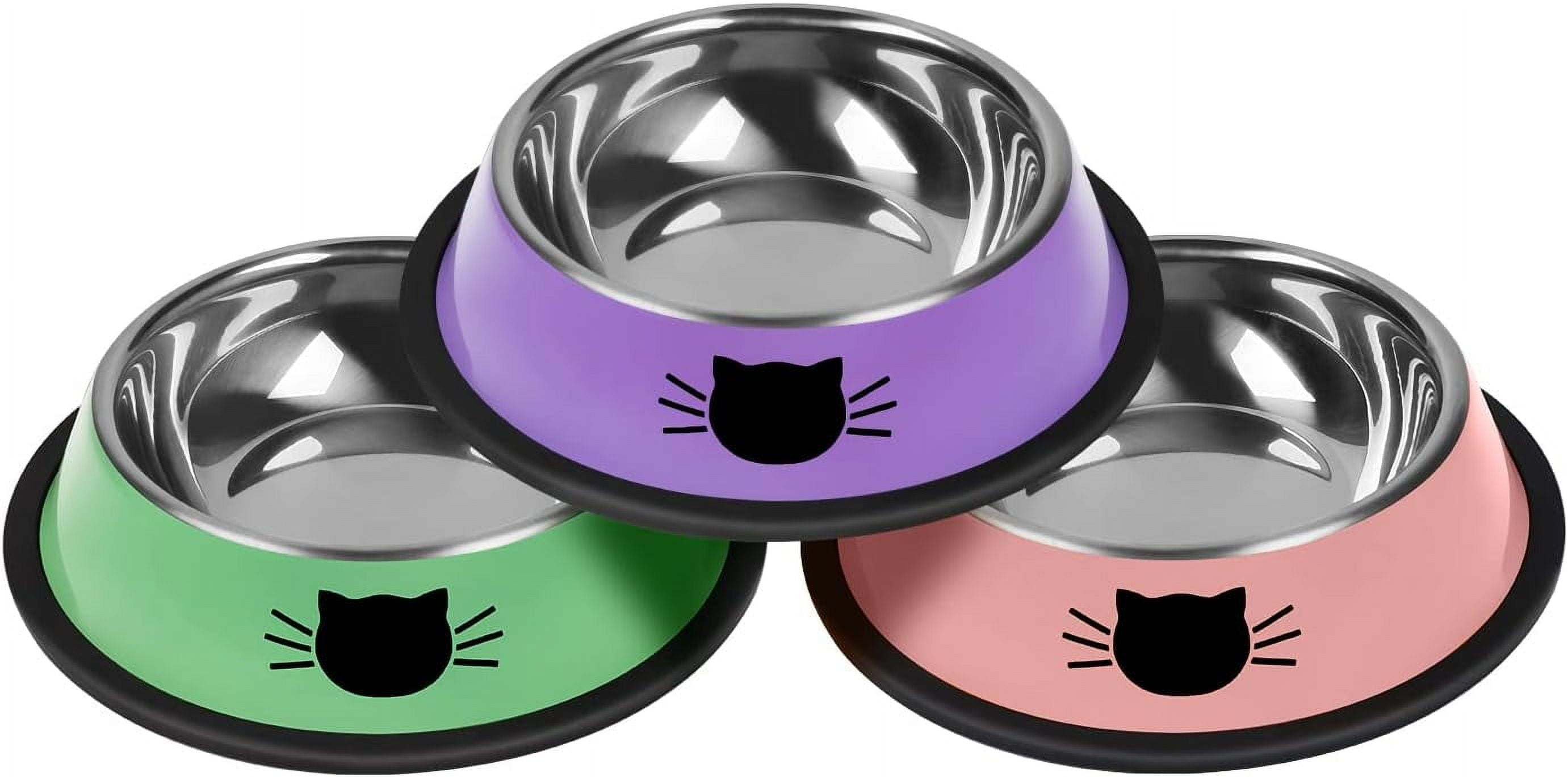 2/3Pcs Cat Bowls Non-Slip Stainless Steel Small Cat Food Bowls Unbreakable Thicken Cat Feeder 7 Oz Cat Dishes Suitable for Indoor Small Pets Removable Rubber Base Easily Clean Lovely Color Purple, Green, Pink - Image 1