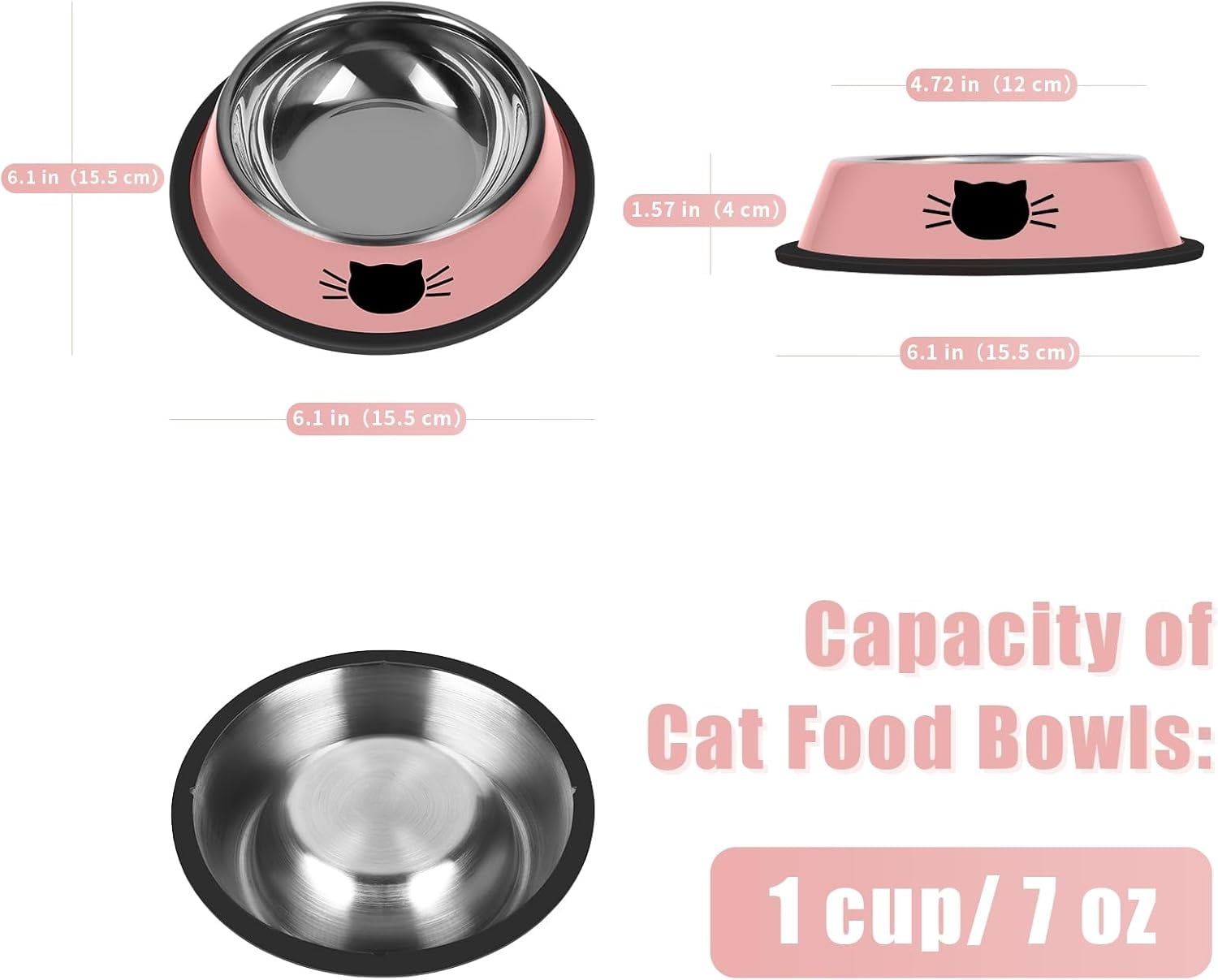 2/3Pcs Cat Bowls Non-Slip Stainless Steel Small Cat Food Bowls Unbreakable Thicken Cat Feeder 7 Oz Cat Dishes Suitable for Indoor Small Pets Removable Rubber Base Easily Clean Lovely Color Purple, Green, Pink - Image 2