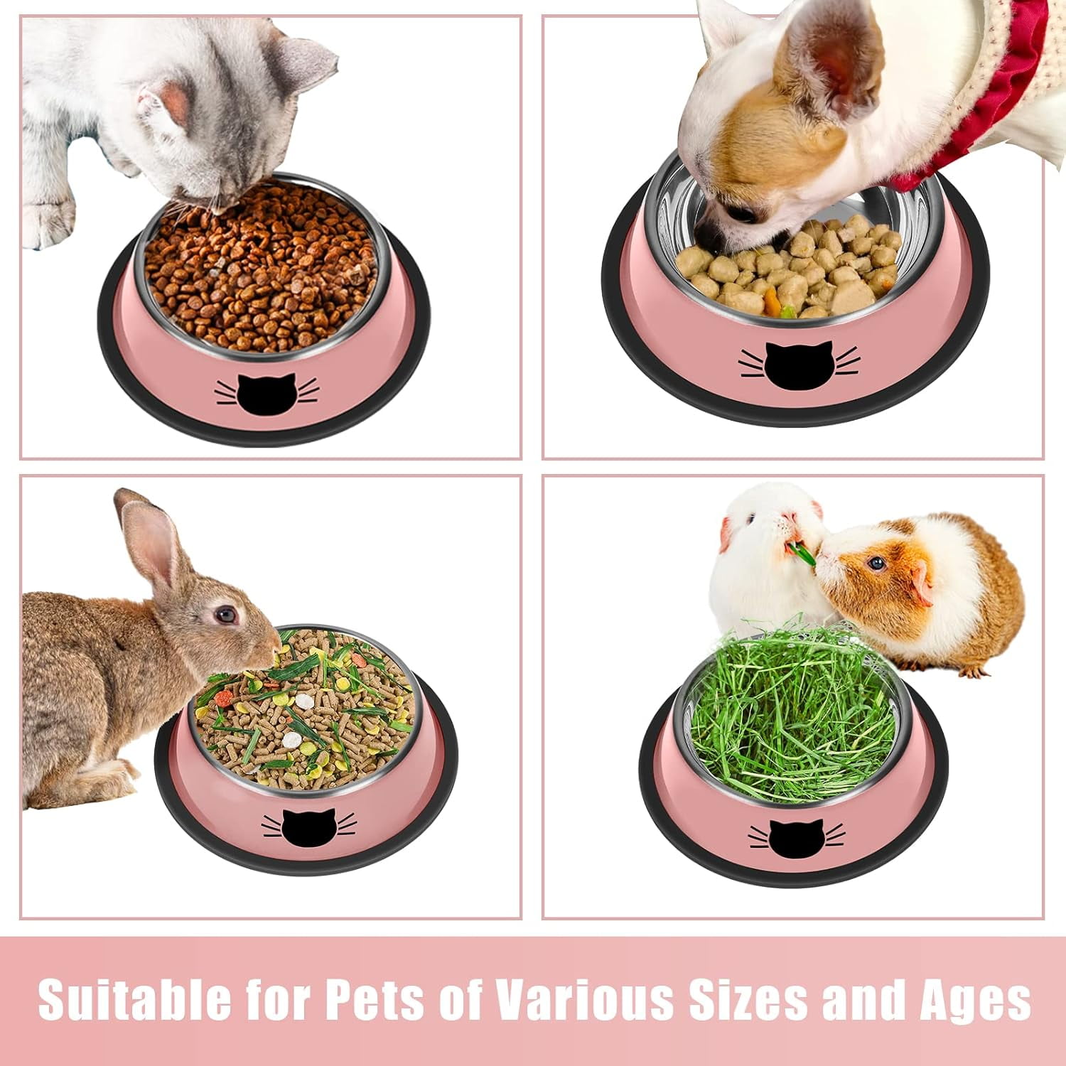 2/3Pcs Cat Bowls Non-Slip Stainless Steel Small Cat Food Bowls Unbreakable Thicken Cat Feeder 7 Oz Cat Dishes Suitable for Indoor Small Pets Removable Rubber Base Easily Clean Lovely Color Purple, Green, Pink - Image 5