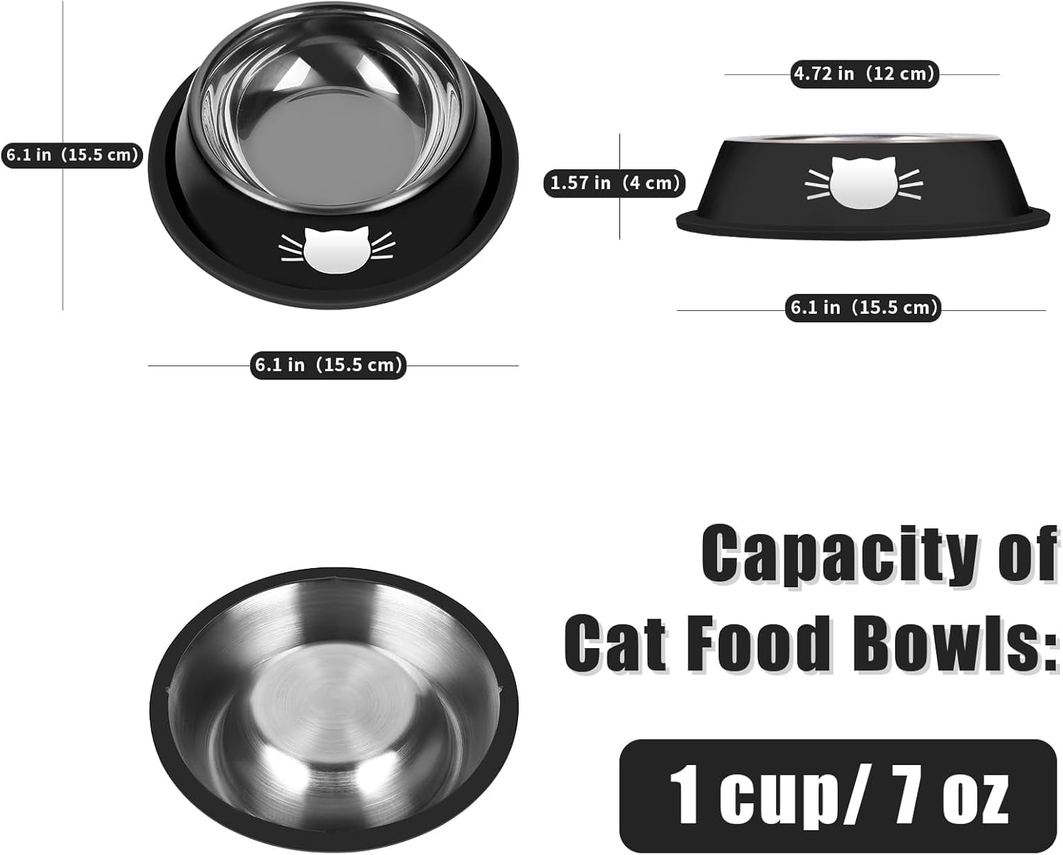 2/3Pcs Cat Bowls Non-Slip Stainless Steel Small Cat Food Bowls Unbreakable Thicken Cat Feeder 7 Oz Cat Dishes Suitable for Indoor Small Pets Removable Rubber Base Easily Clean Lovely Color Silver, Black - Image 2