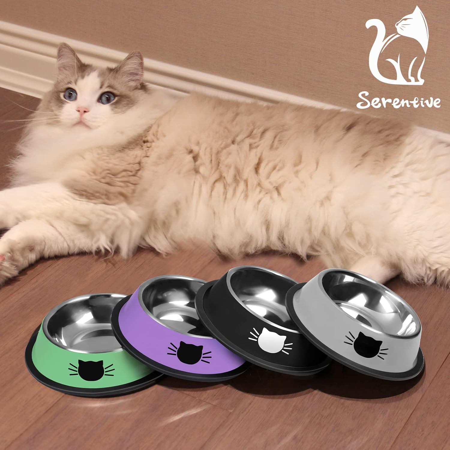 2/3Pcs Cat Bowls Non-Slip Stainless Steel Small Cat Food Bowls Unbreakable Thicken Cat Feeder 7 Oz Cat Dishes Suitable for Indoor Small Pets Removable Rubber Base Easily Clean Lovely Color Silver, Black - Image 7