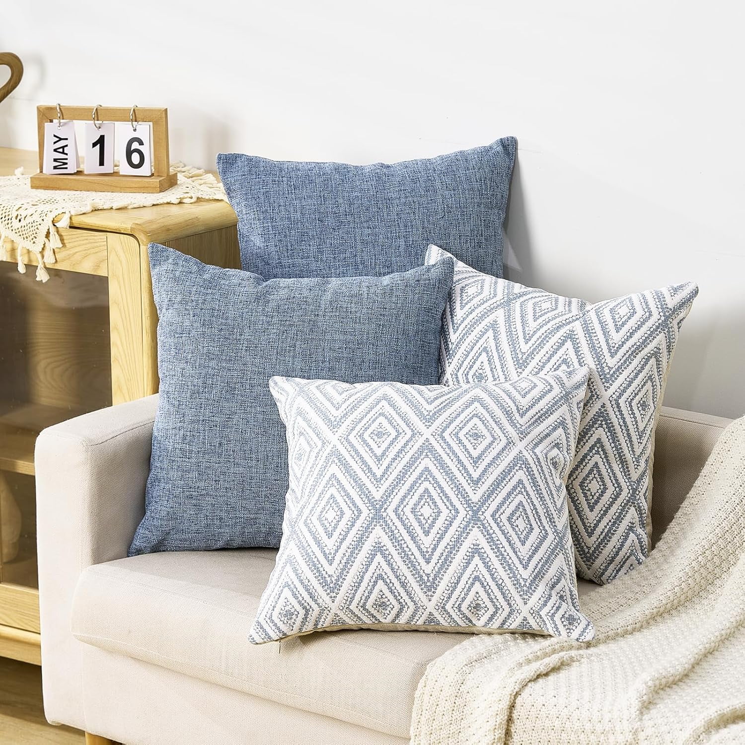 Decorative Set of 4 Square Couch Pillows Linen Cushion Cover for Couch Sofa Living Room, 18